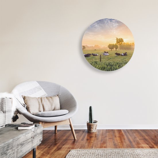 Artaza Forex Muurcirkel Koeien In De Wei Tijdens Zonsopgang - 70x70 cm - Wandcirkel - Rond Schilderij - Wanddecoratie Cirkel - Muurdecoratie