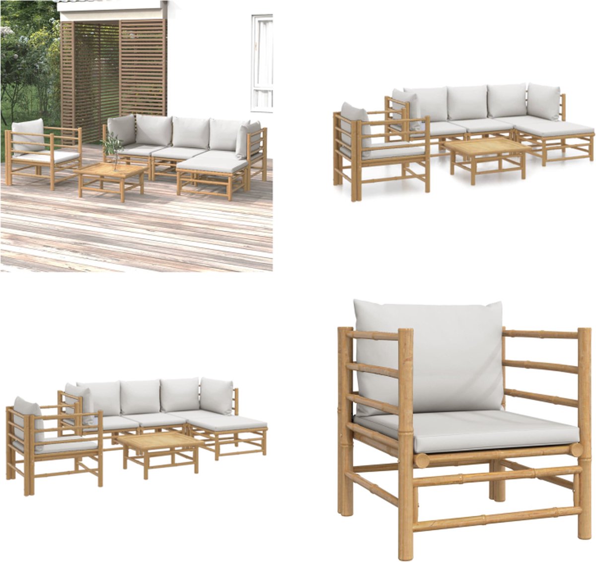 vidaXL 6-delige - Loungeset - met - kussens - bamboe - lichtgrijs