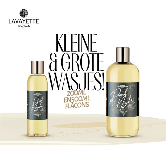 Deux flacons Lavayette Premium Laundry Perfume 'Dark Nights', 200ml et 500ml.