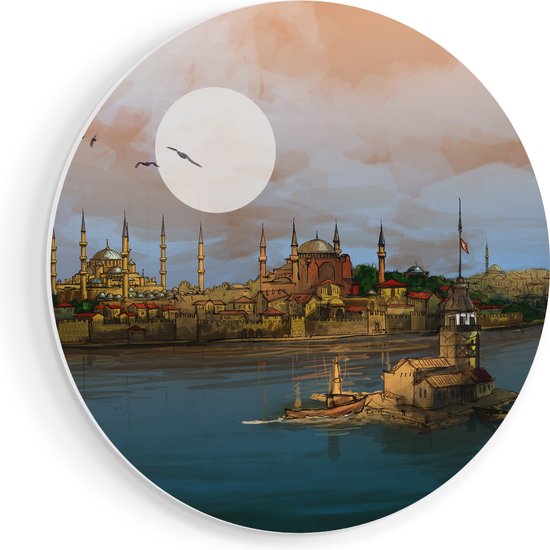 Artaza Forex Muurcirkel Illustratie Van De Maiden's Tower In Istanbul - 40x40 cm - Klein - Wandcirkel - Rond Schilderij - Wanddecoratie Cirkel