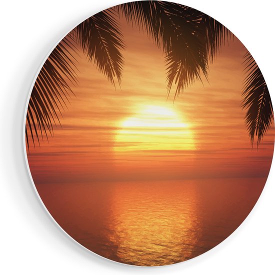 Artaza Forex Muurcirkel Zonsondergang Op Het Strand Met Palmbomen - 50x50 cm - Klein - Wandcirkel - Rond Schilderij - Muurdecoratie Cirkel