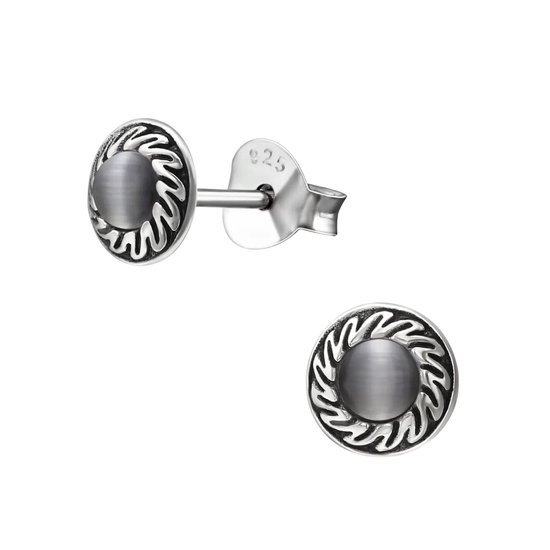 Aramat jewels ® - Ronde zilveren kinder oorbellen cat eye grijs 925 zilver 6mm