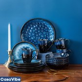 CasaVibe Serviesset – 48 delig – 12 persoons – Porselein - Luxe – Bordenset – Dinner platen – Dessertborden - Blauw - Zwart - Glazuur