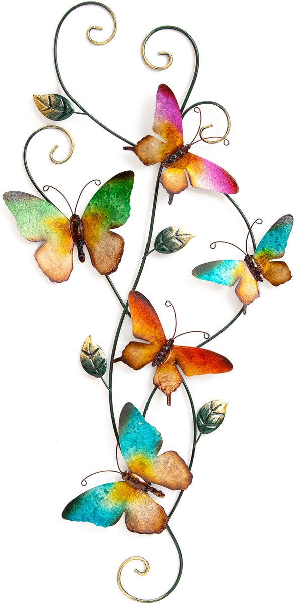Anna's Collection Wand decoratie vlinders - gekleurd - 35 x 68 cm - metaal - muurdecoratie - Anna's Collection