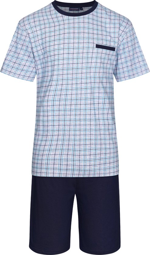 Pastunette Heren Shortama Checkered - Blauw/Grijs - Katoen - Maat 2XL