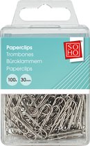 SOHO Paperclips – Zilveren paperclips - Papierklem - Met doosje – 100 stuks – 30 mm - Zilver