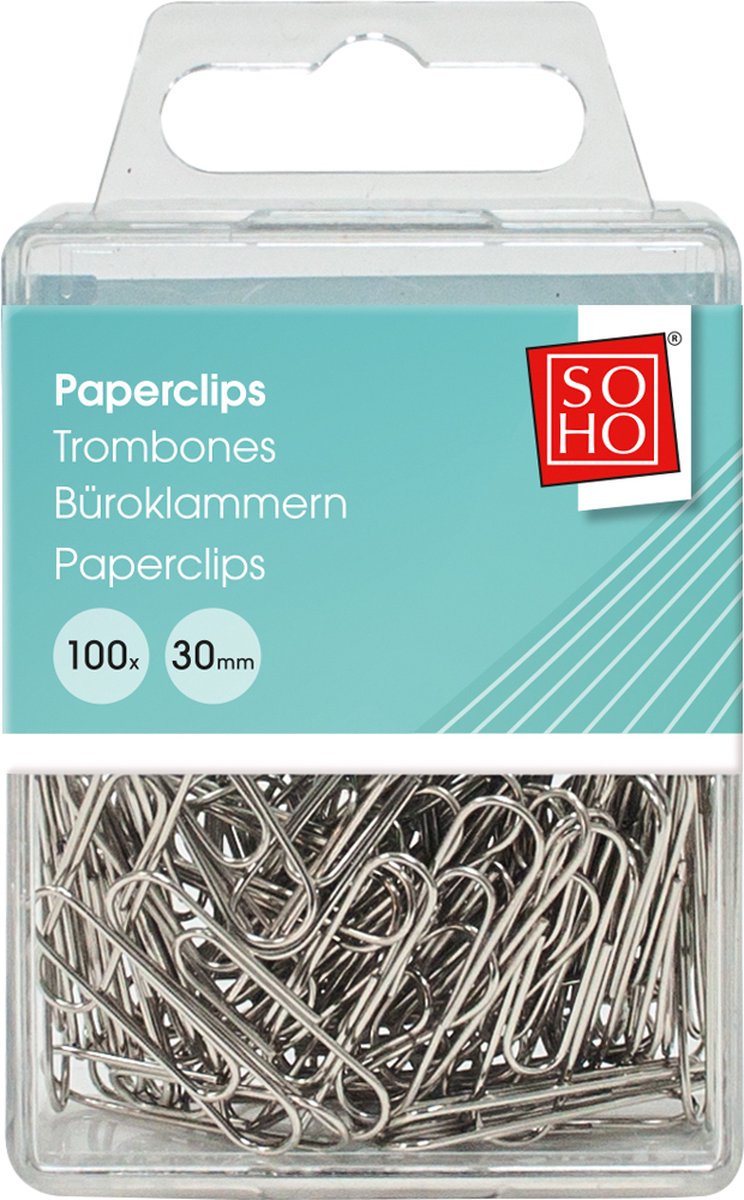 SOHO Paperclips – Zilveren paperclips – Papierklem – Met doosje – 100 stuks – 30 mm – Zilver
