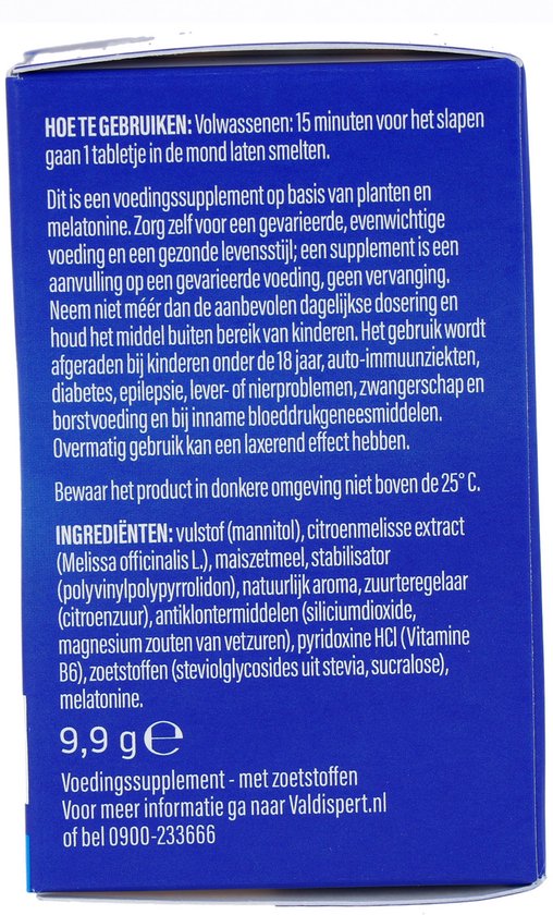Valdispert Slaap Smelttablet voedingssupplement met citroenmelisse extract en vitamine B6. 9,9 gram.