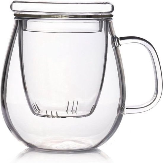 Glazen theekopje met glasfilter en deksel, 500 ml, voor één set