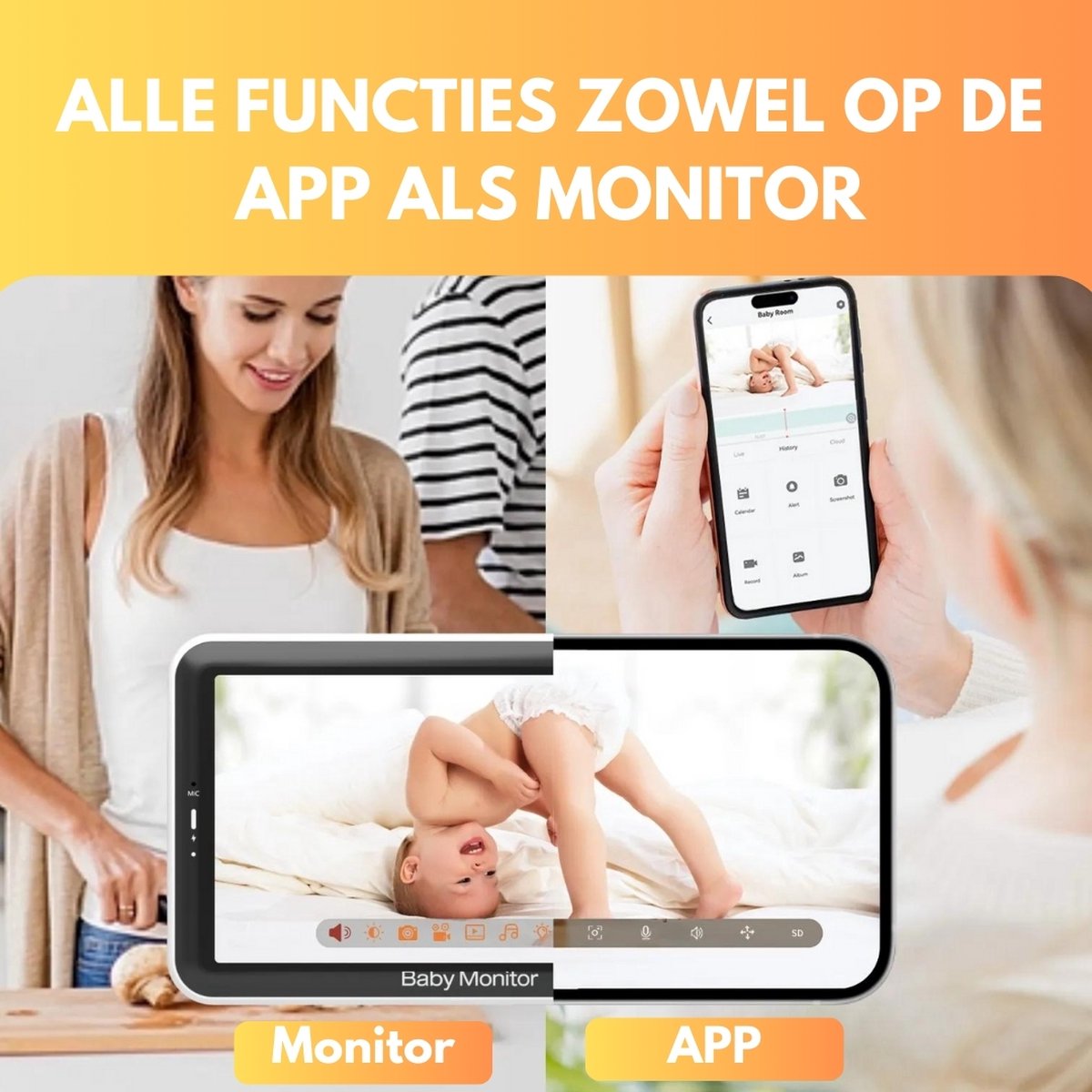 Afbeelding 3 van iNeedy Apy Babyfoon met camera en App - Babyfoons - Baby monitor - 5 Inch Ultra HD - White noise - Slimme detectoren