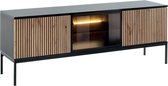 Tv-meubel met 3 deurtjes met ledverlichting van mdf en gerookt glas - Zwart en naturel - OVILA L 153.4 cm x H 56.2 cm x D 39 cm