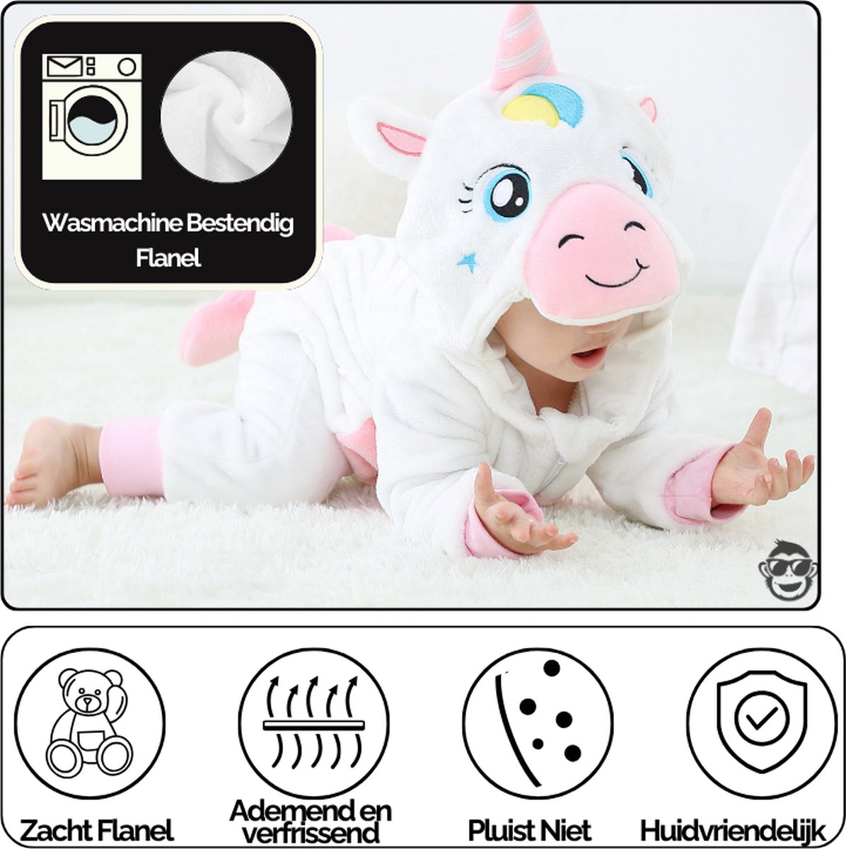 BoefieBoef Dieren Onesie Pyjama Kinderen 6m-2jr – Eenhoorn wit – Verkleedkleding met Luierrits – Carnaval Dierenpak - Kerst en Kraamcadeau Tip – Zacht Flanel - Romper - Boxpak - Jongens - Meisjes — afbeelding 10