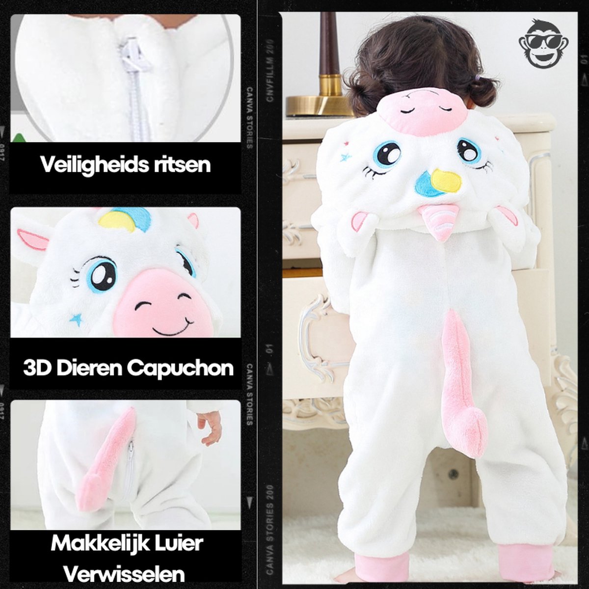 BoefieBoef Dieren Onesie Pyjama Kinderen 6m-2jr – Eenhoorn wit – Verkleedkleding met Luierrits – Carnaval Dierenpak - Kerst en Kraamcadeau Tip – Zacht Flanel - Romper - Boxpak - Jongens - Meisjes — afbeelding 4