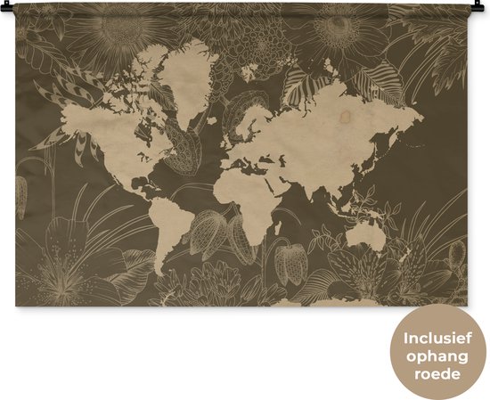 Wandkleed - Wanddoek - Wereldkaart - Bloemen - Bruin - 150x100 cm - Wandtapijt