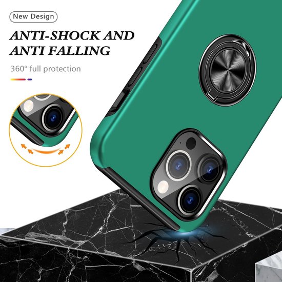 Coque de téléphone avec bague et aimant pour support de téléphone - Coque adaptée pour : iPhone 13 Pro Max - Coque rigide anti-chute - Vert