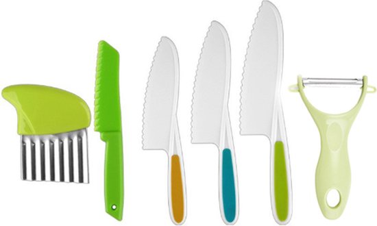 Kindermessen-6-delige kindermessenset-Voor het snijden en koken van groenten of fruit voor peuters-Inclusief kindermessen mes en schiller-Kindermes-Uitsteekvormpjes-Koken met kinderen