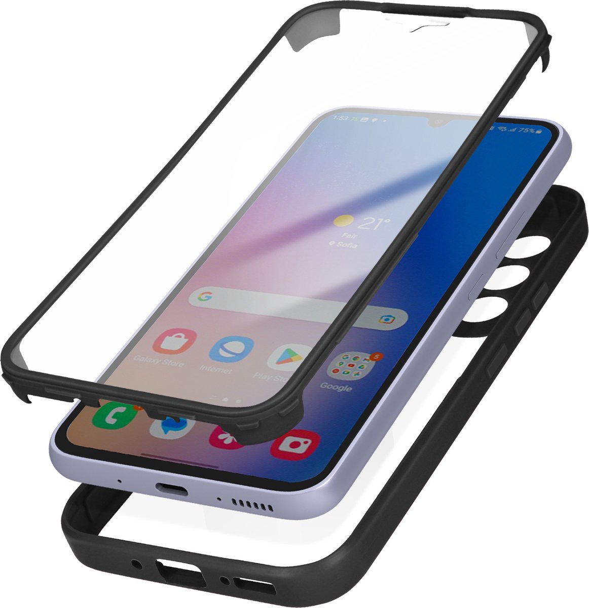 Geschikt voor Samsung A34 5G integrale hoes Achterkant plexiglas omtrek Zwart