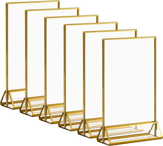 6 stuks transparante acryl bordhouders met gouden rand, 15 cm x 21 cm, dubbelzijdig tafelmenuhouder, fotolijst met verticale standaard voor snaummers, restaurant-borden, fotoweergave