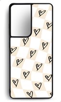 Ako Design Samsung Galaxy S21 Ultra hoesje - Ruiten hartjes patroon - Beige, zandkleurig - TPU Rubber telefoonhoesje - hard backcover