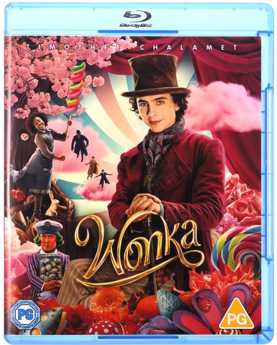 Timothée Chalamet als Willy Wonka in een droomlandschap van snoep en bloemen, met "Wonka" logo.