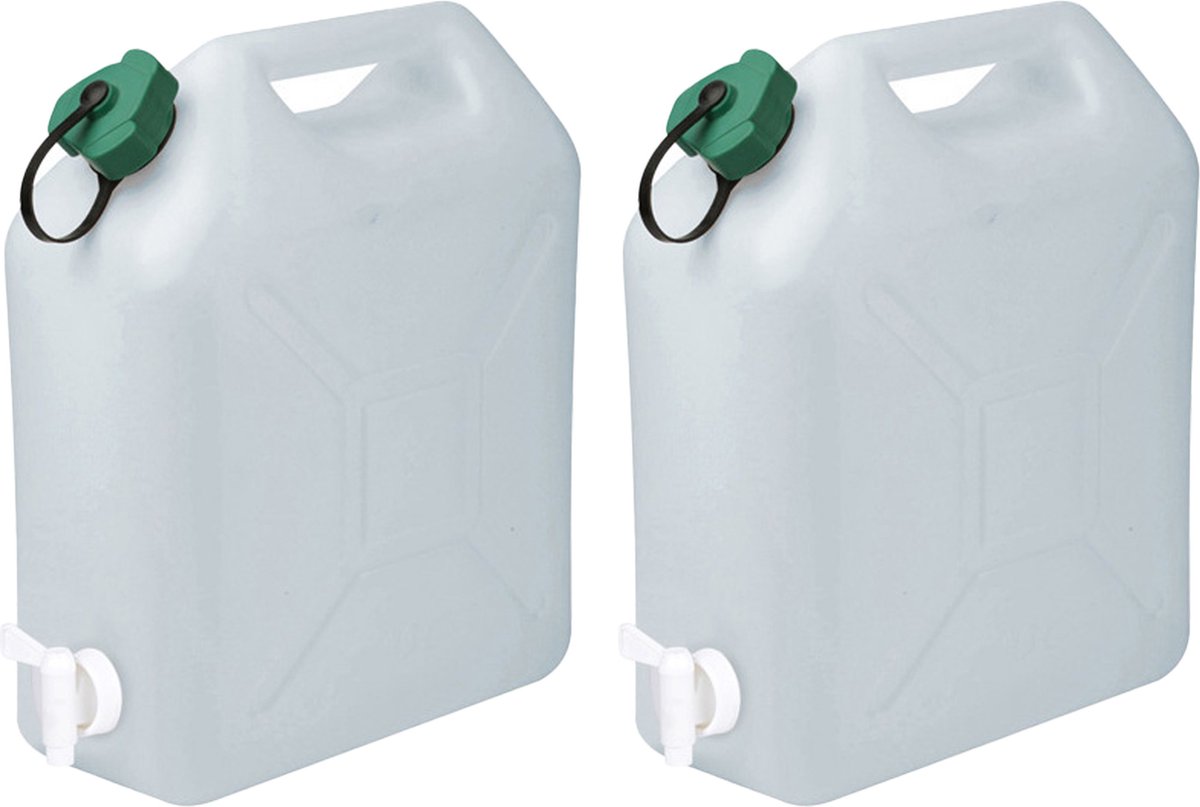 Jerrycan/watertank met kraantje - 2x - 15 liter - voor water - extra sterk kunststof - 23.5 x 11 x 30cm