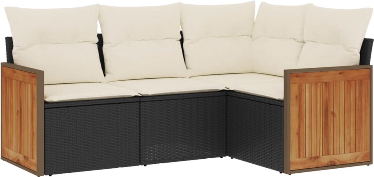 VidaXL 4-delige Loungeset met kussens poly rattan zwart