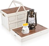 2-pack opvouwbare campingbox opbergdozen met handvat, opslagcontainer met houten deksel 30L, plastic opbergdozen als tafelblad voor outdoor camping kofferbak (beige)