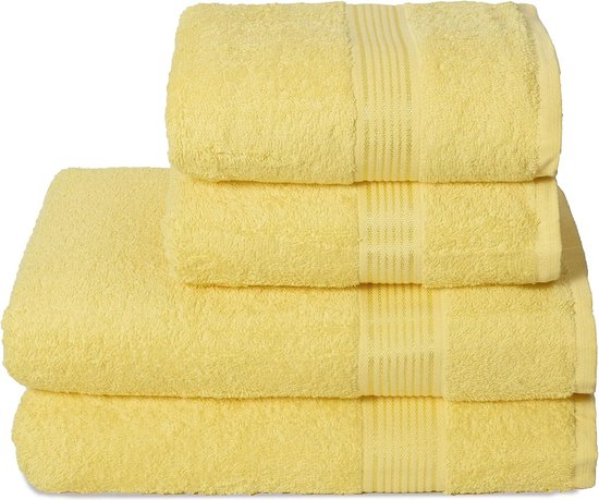 Ultra Soft Set van 4 handdoekenset, katoen, bevat 2 extra grote badhanddoeken 70 x 140 cm, 2 handdoeken 50 x 90 cm, voor dagelijks gebruik, compact en licht — geel