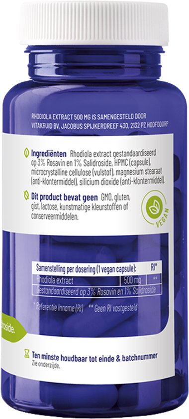 Blauwe pot met etiket met ingrediënten, gebruik en bewaarinstructies. Vegan logo zichtbaar.