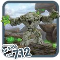 Stenen monster figuur in een rotsachtige omgeving met groene kristallen, met de tekst "recommended for kids from 7 to 12".