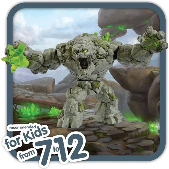 Stenen monster figuur in een rotsachtige omgeving met groene kristallen, met de tekst "recommended for kids from 7 to 12".