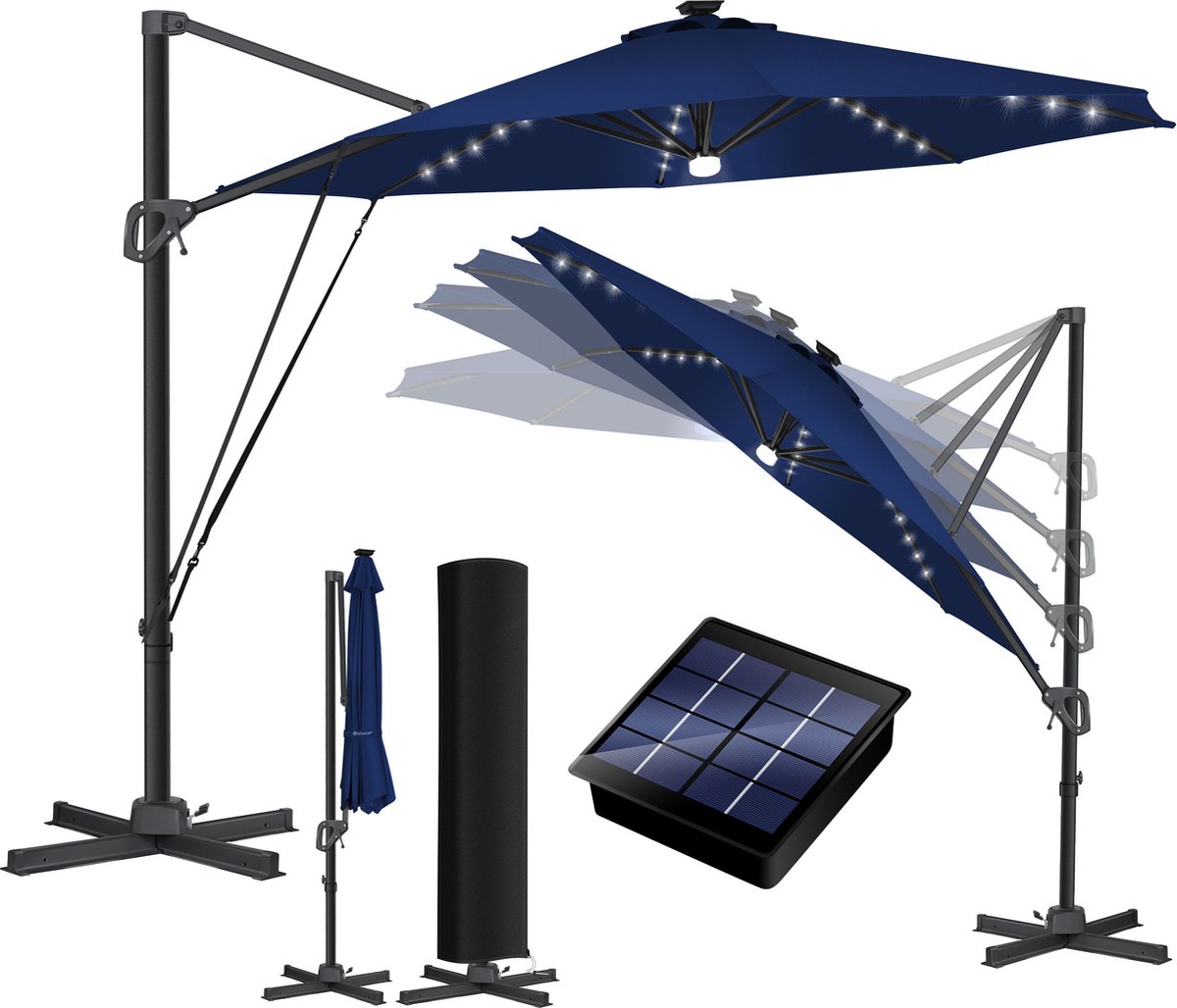 KESSER® SUN Zweefparasol XL Ø330 cm met LED Solar Verlichting - Parasol Inclusief Beschermhoes 360° Draaibaar UV50+ Tuinparasol Zonne-energie - Marineblauw
