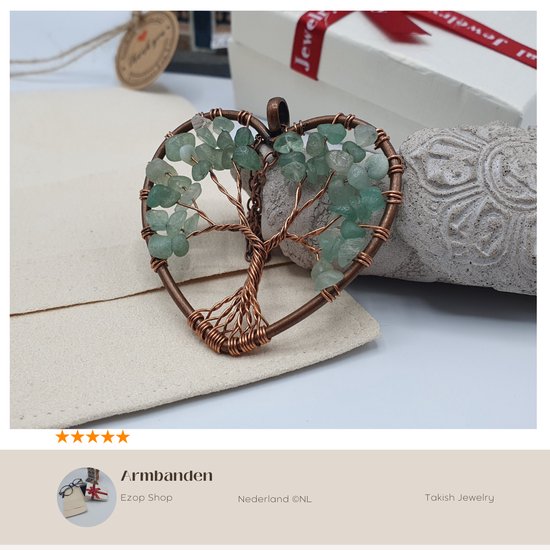 Collier pendentif coeur aventurine verte chakra arbre de vie Quartz