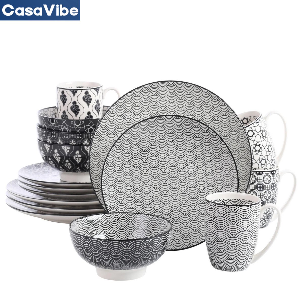 CasaVibe Serviesset – 16 delig – 4 persoons – Keramiek Luxe – Bordenset Koppen Kommen