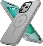 Hoesje Geschikt voor Apple iPhone 15 Pro Max - Compatibel met MagSafe - Matte Beschermhoes - Back Cover met Magneet - Geschikt voor Draadloos Opladen met Magnetische Ring - Grijs