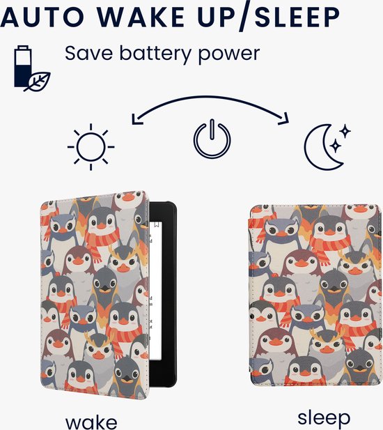 kwmobile e-reader hoesje geschikt voor Amazon Kindle Paperwhite 11. Generation 2021 hoes - E reader flip case met magnetische sluiting - Ereader cover - Pinguïn Ontwerp design in grijs / geel / bruin — afbeelding 4