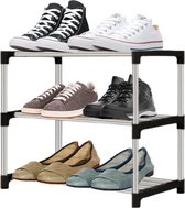 Klein schoenenrek met 3 niveaus, schoenenrek ruimtebesparend voor 6 paar schoenen, stapelbaar schoenenrek, slank metalen schoenenrek voor entree, hal, slaapkamer, kast, schoenenrek, klein