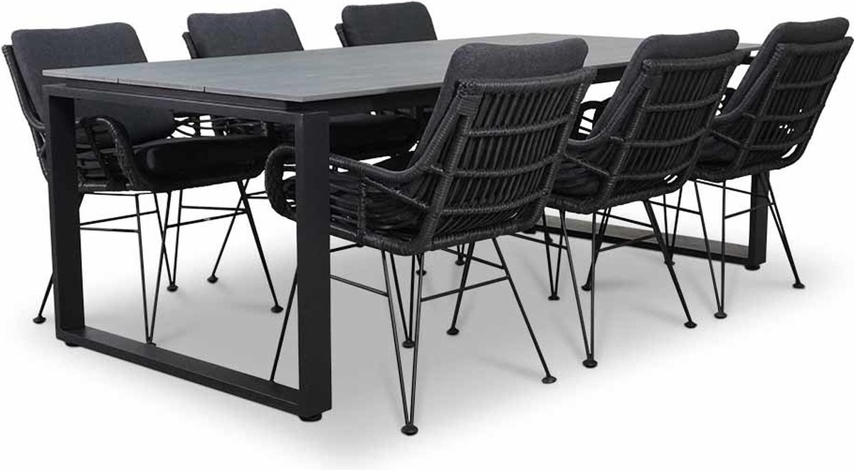 LUX outdoor living Helsinki Grey/Carlos charcoal (donkergrijs/antractiet) dining tuinset 7-delig | polywood + wicker | 210cm | 6 personen