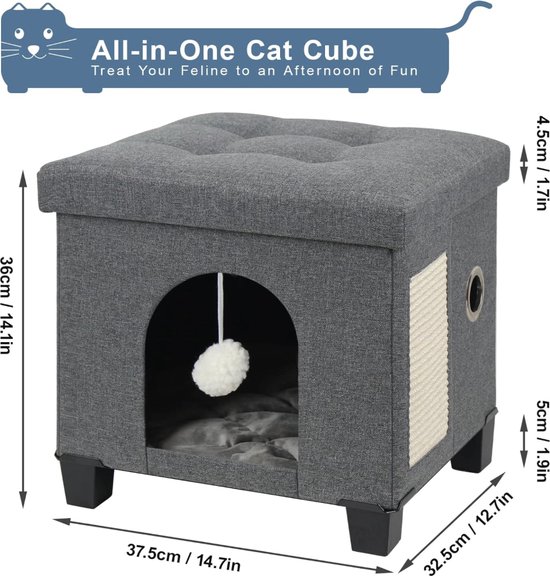 BRIAN & DANY Opvouwbare kattengrot voor binnenkatten, multifunctioneel kubushuis met krabplank en bal, 37,5 x 32,5 x 36 cm, grijs