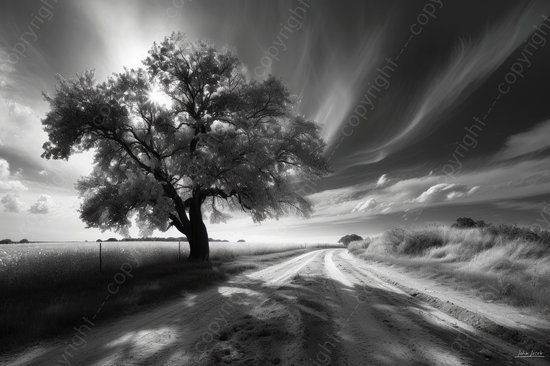 JJ-Art (Aluminium) 90x60 | Landschap met boom in zwart wit, ondergaande zon, weg, wolken | zandweg, zand, modern | foto-schilderij op dibond, metaal wanddecoratie