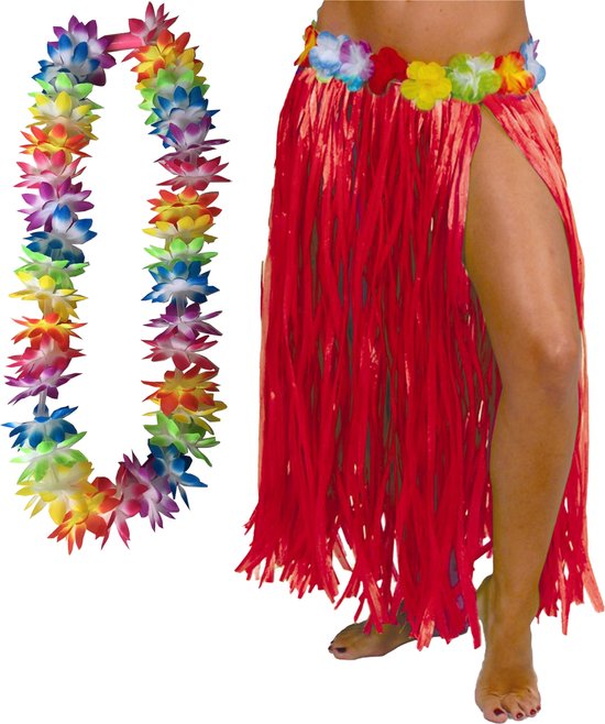 Hawaii verkleed hoela rokje en bloemenkrans met led - volwassenen - rood - tropisch themafeest