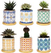 Belle Vous 6 Pack of Assorted Ceramic Plant Pots - 7.5cm/3 Inches Succulent Pots with Bamboo Trays & Drainage Holes - Flower Pots for Cactus/Indoor Succulents - Home/Office Decoration