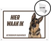 Waakbord/ bord alu di-bond | "Hier waak ik" | 30 x 20 cm | Duitse Herder | Aluminium bord | Herdershond | Met 4 boorgaten | Waakhond | Pet | Hond | Betreden op eigen risico | Gevaarlijke hond | Afschrik | Mijn huisdier | Roestvrij | 1 stuk