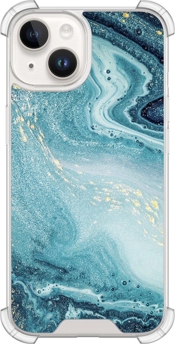 Shockproof hoesje - Geschikt voor iPhone 14 - Marmer blauw - Extra sterke case - TPU/polycarbonaat - Marmer - Blauw, Transparant