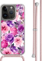 Casimoda® hoesje met rosegoud koord - Geschikt voor iPhone 13 Pro - Rosy Blooms - Afneembaar koord - TPU/polycarbonaat - Paars