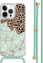 Casimoda® - Coque iPhone 14 Pro Max avec cordon vert menthe - Léopard marbre menthe - Cordon détachable - TPU/polycarbonate