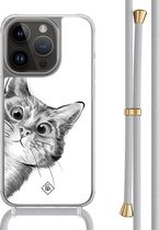 Casimoda® hoesje met grijs koord - Geschikt voor iPhone 13 Pro - Peekaboo Kat - Afneembaar koord - TPU/polycarbonaat - Grijs