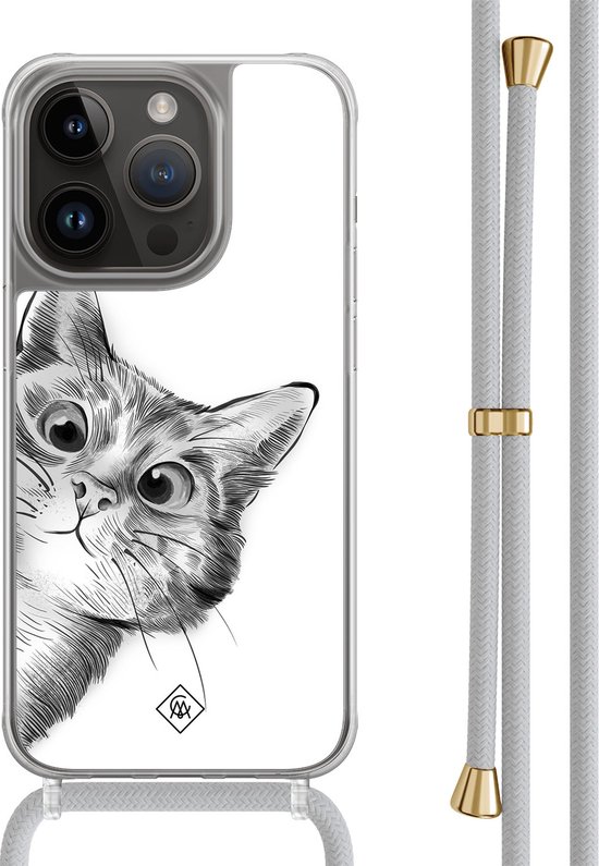 Coque Casimoda® avec cordon gris - Convient pour iPhone 13 Pro - Peekaboo Kat - Cordon amovible - TPU/polycarbonate - Grijs