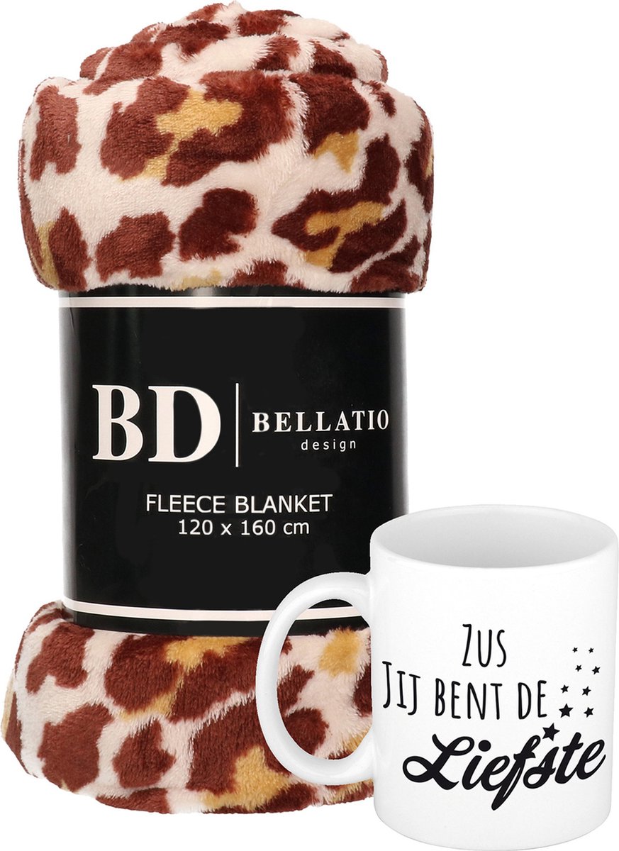 Cadeau zus set - Fleece plaid/deken panter print met Zus jij bent de liefste mok - Zussen ontspanning cadeau kerst, Sint, verjaardag