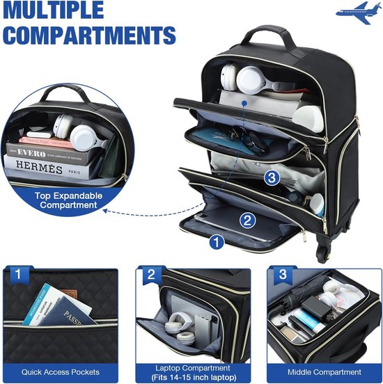 Ponhog Rollende laptop rugzak met wielen, Zwart, Large, Travel, Zwart, Large, Reizen